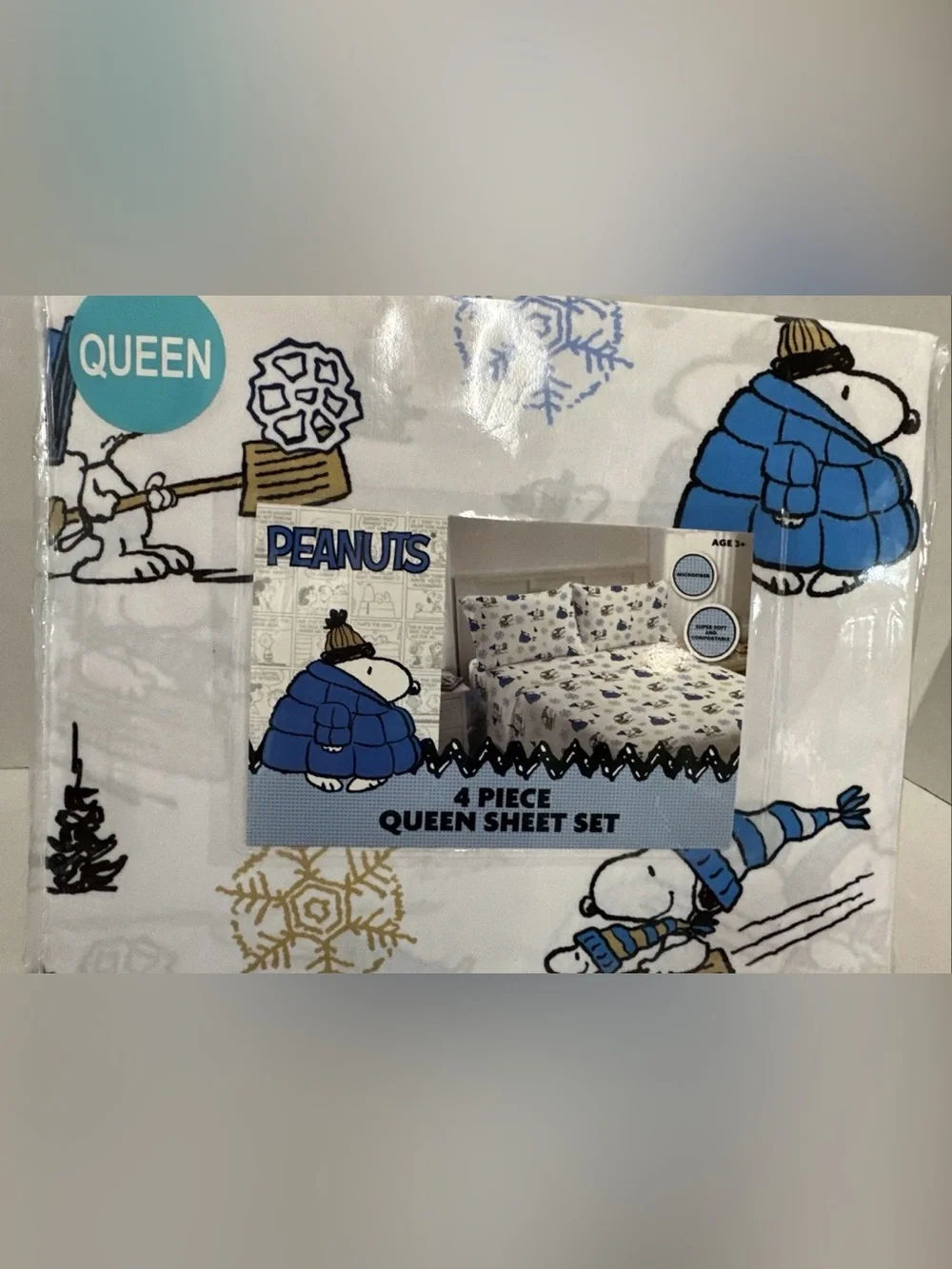 Brand New Peanuts Snoopy Winter Queen Bed Sheets 4 Piece Set Snoopy & Woodstock